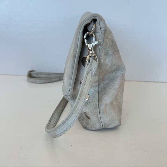 HAMMITT VIP Gray w Pewter Silver Suede Distressed Flap Strap Medium Crossbody - Picture 6 of 16